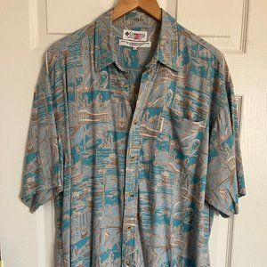 Men's Columbia Sportswear Short Sleeve Button Down Shirt Sz Large Fishing Print